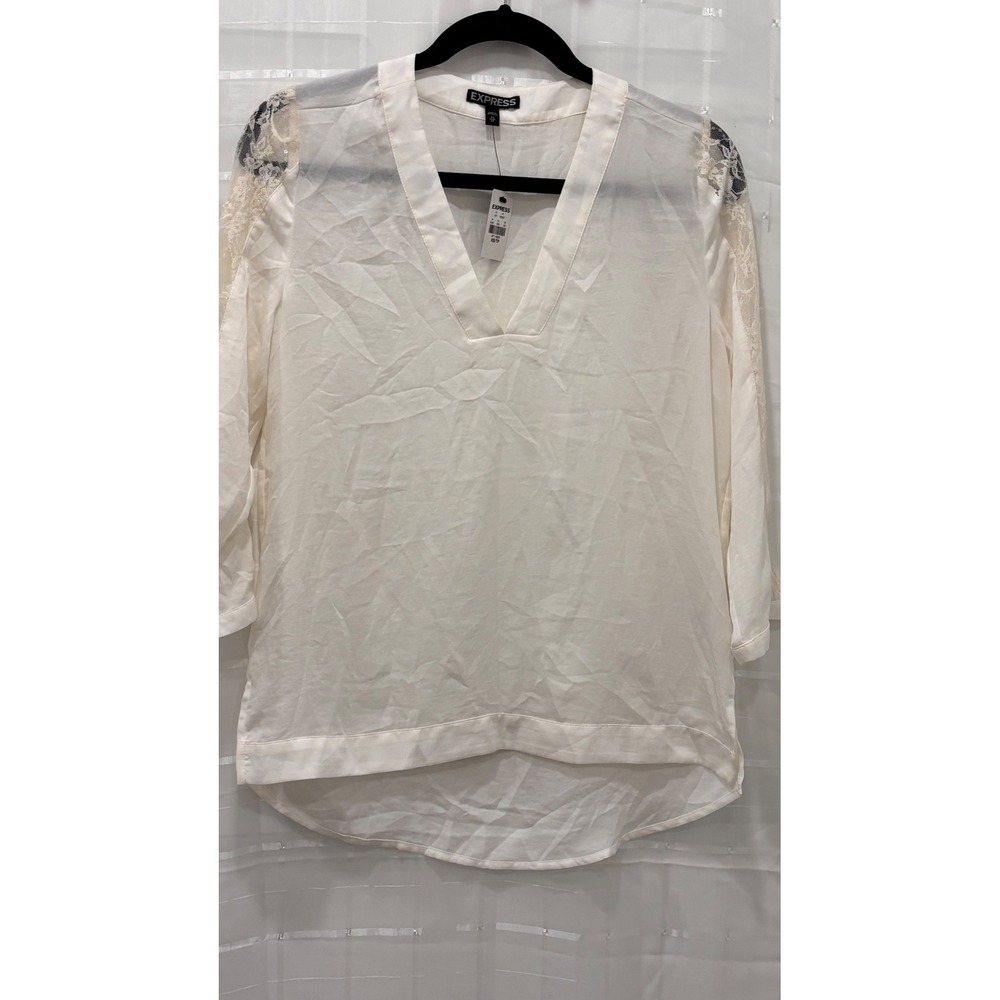 Express Womens Ivory Lace Sequin V-Neck Blouse High Low Hem Cream XS New